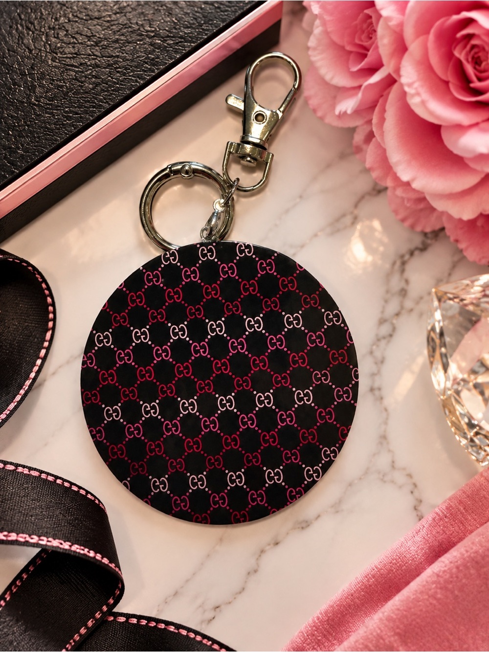 Pink & Black Monogram Acrylic Bag Charm Keychain | Silver Tone